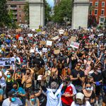 Scenes of demonstrators and huge crowds from marches in Union Square, Washington Square Park, Foley Square, and across the Brooklyn Bridge